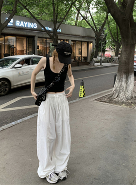 黑奶酪 BLACK～夏季敲百搭白色抽绳高腰显瘦运动裤工装裤