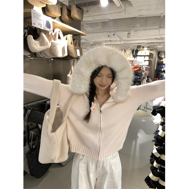 连帽毛领毛衣针织开衫拉链外套