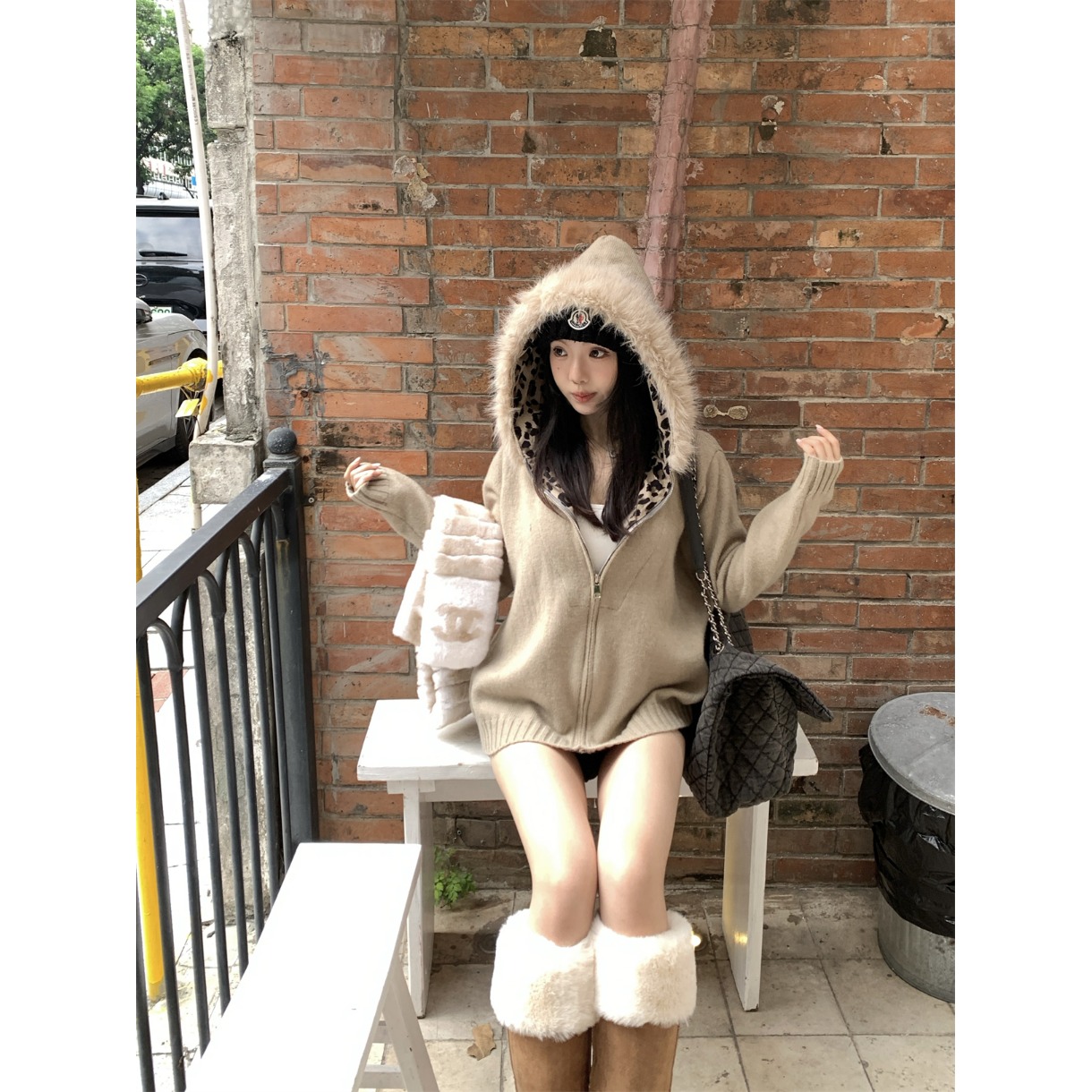 豹纹拼接毛领毛衣外套拉链连帽