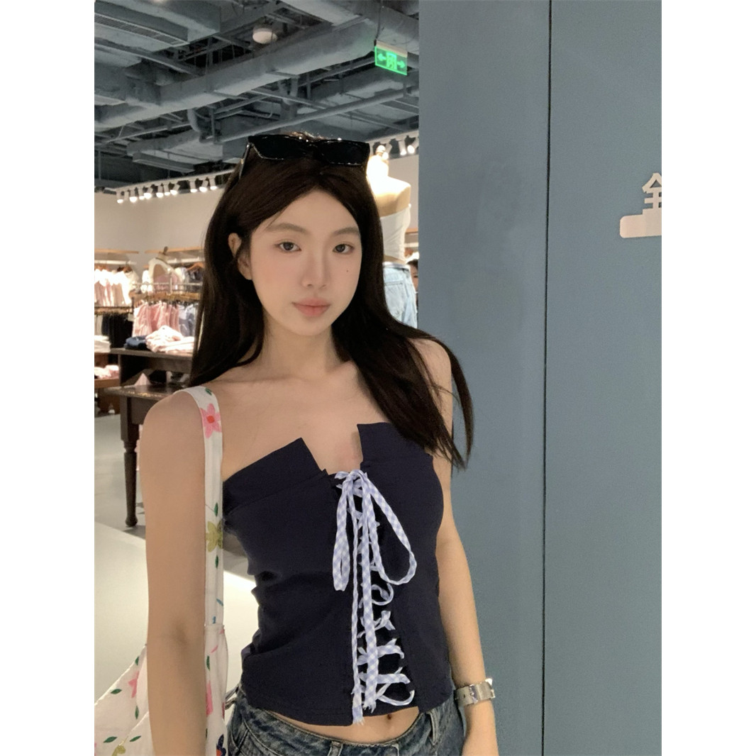 黑奶酪 BLACK~辣妹纯欲设计感抹胸背心系带格子绑带短款上衣