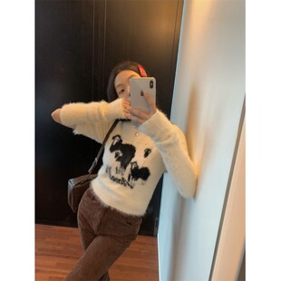 袖 黑奶酪 针织毛衣上衣 秋冬甜辣软糯糯仿貂毛小羊短款 套 BLACK