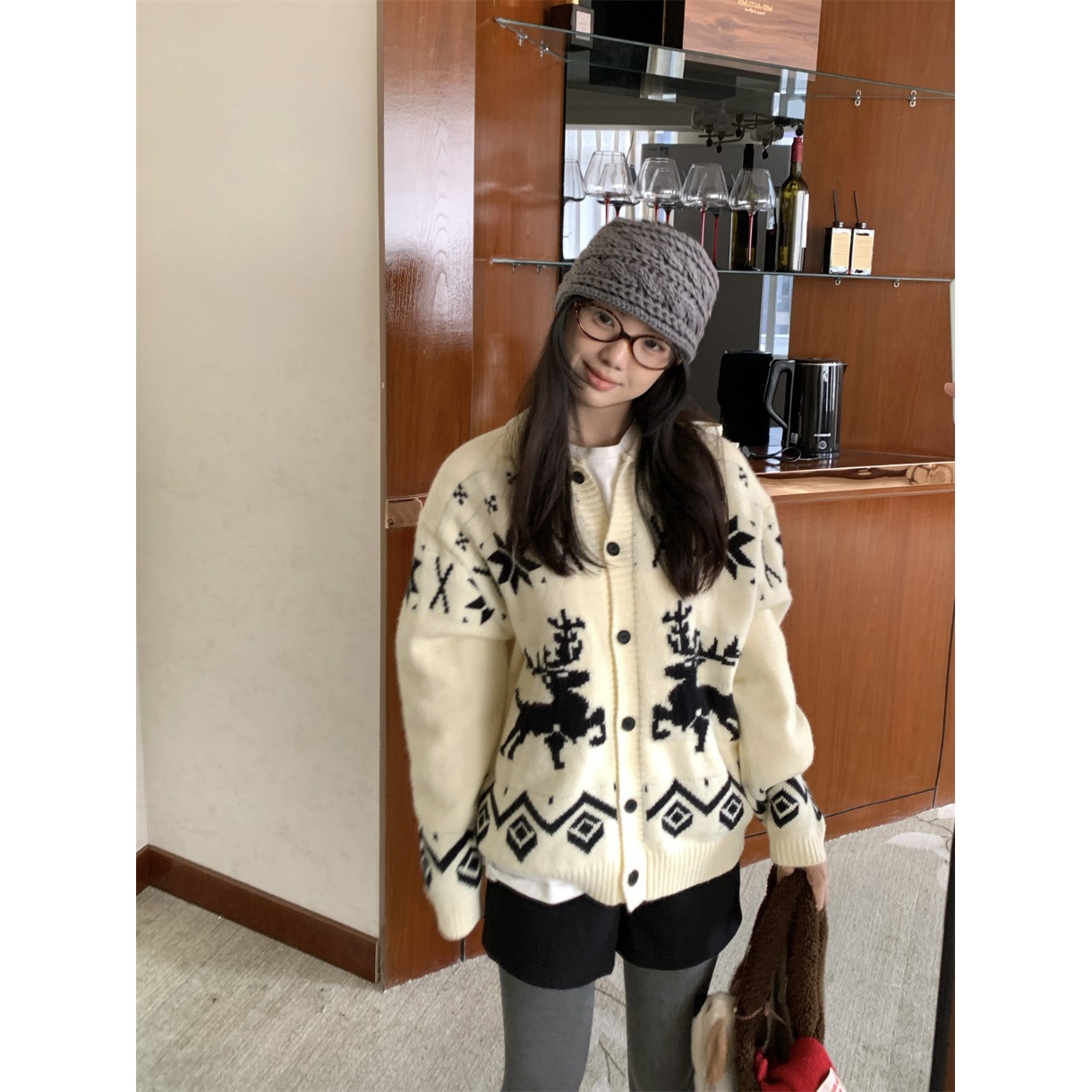 麋鹿提花撞色拉链针织毛衣外套