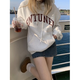 慵懒bm简约字母宽松加绒常规连帽卫衣 美式 黑奶酪 BLACK