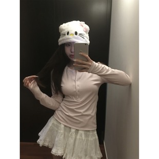 BLACK 打底衫 秋季 长袖 百搭亨利领T恤粉色内搭修身 黑奶酪