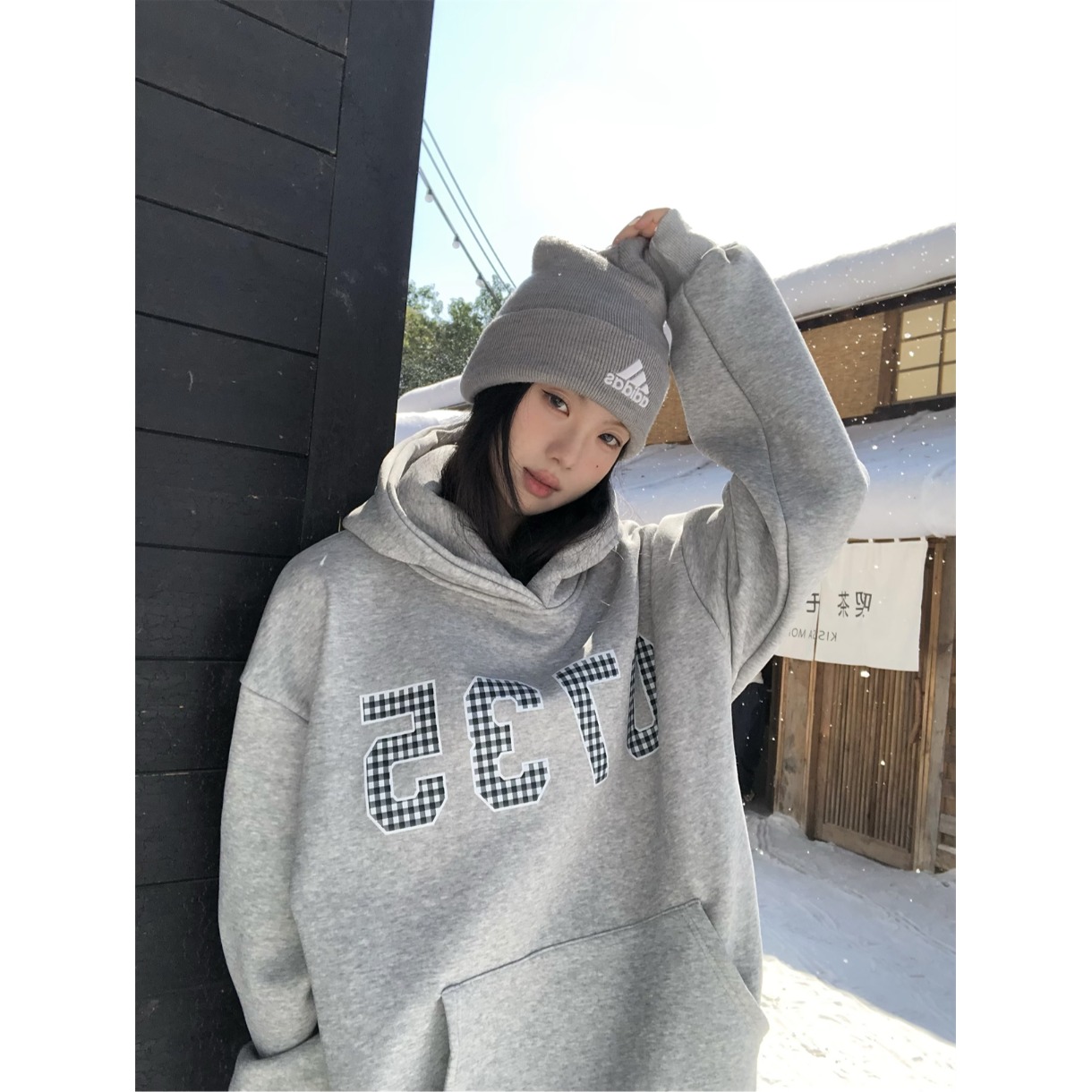 复古格子数字宽松加绒连帽卫衣