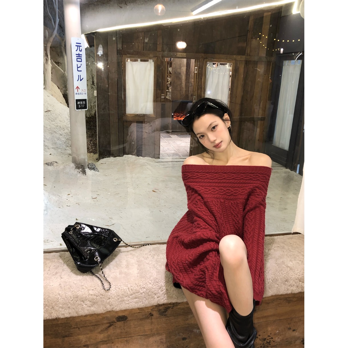 一字肩宽松毛衣斜肩麻花长袖针织