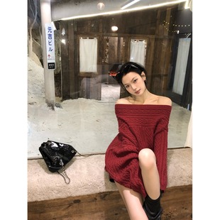 针织上衣 秋冬慵懒气质一字肩宽松毛衣斜肩麻花长袖 黑奶酪 BLACK