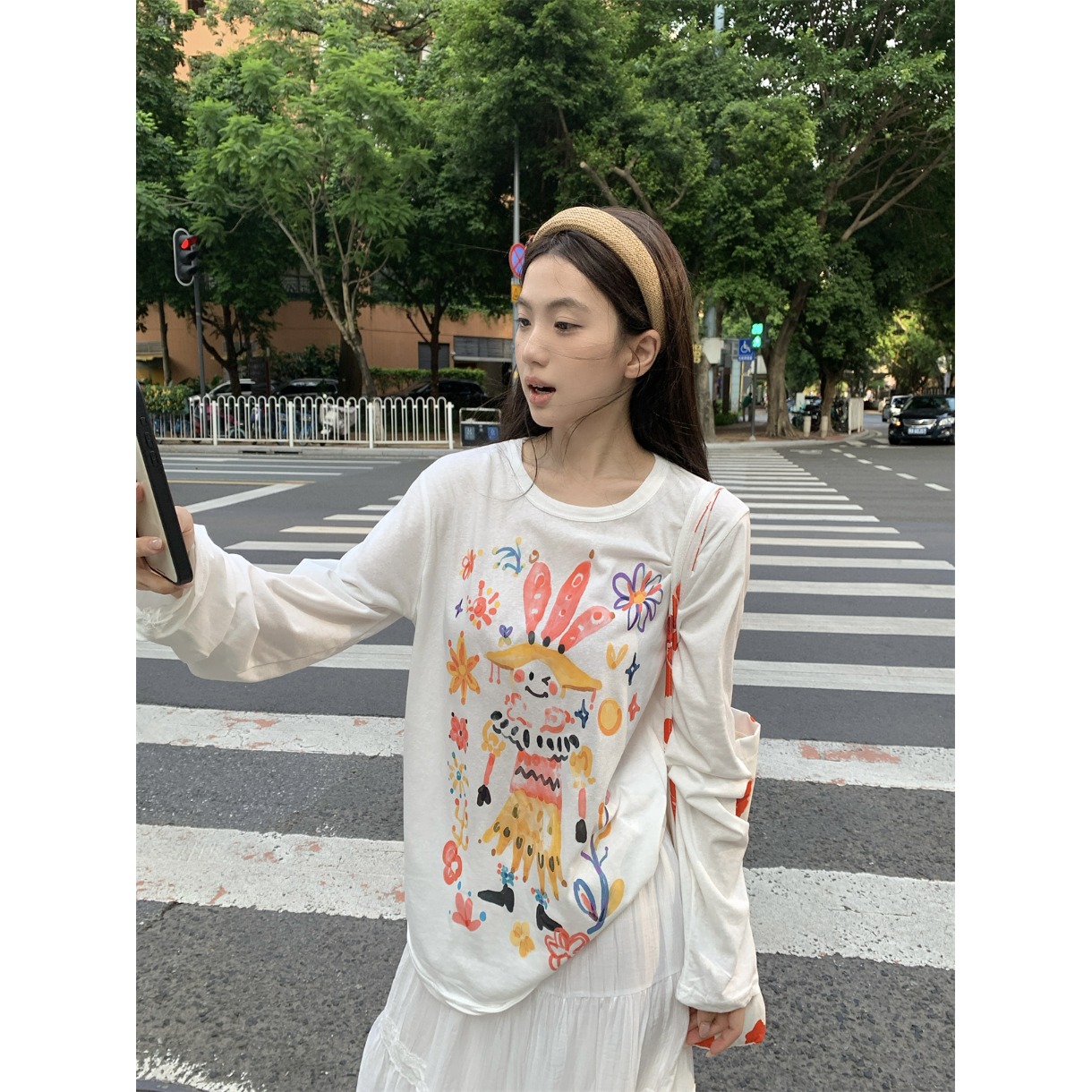 彩绘印花薄款长袖防晒罩衫T恤