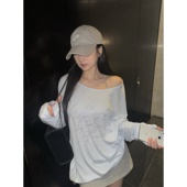 BLACK 韩系温柔斜肩防晒罩衫 烫钻字母长袖 黑奶酪 薄款 爵士舞上衣