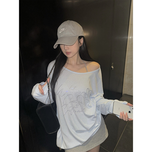 薄款 黑奶酪 烫钻字母长袖 韩系温柔斜肩防晒罩衫 爵士舞上衣 BLACK