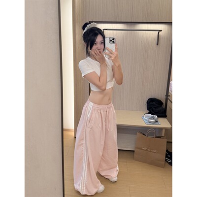 夏季美式刺绣三杠工装爵士阔腿裤