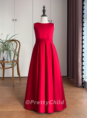 prettychild女童高端管乐团礼服红色钢琴演出服中小学生长笛表演