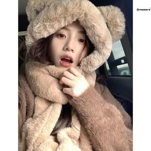 女式 毛毛圍脖冬天女款 毛茸茸保暖手套三件 冬天帽子圍巾一體冬季