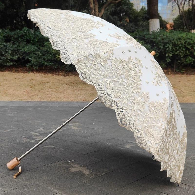 高档蕾丝刺绣花太阳伞金色富贵黑胶双层防晒晴雨两用洋伞晴厂家