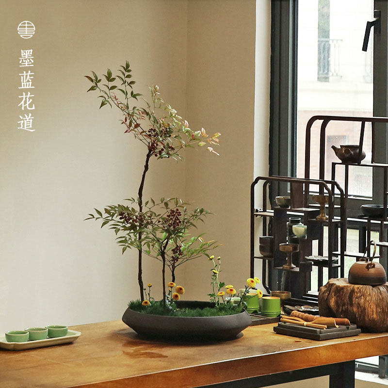 细磨砂陶瓷圆形大花盘写景水盘小原流日式花道中式插花盆禅意