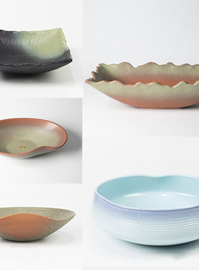 日本进口万古烧陶瓷蓝色荷叶卷边边日式插花盆小原流草月流花盘