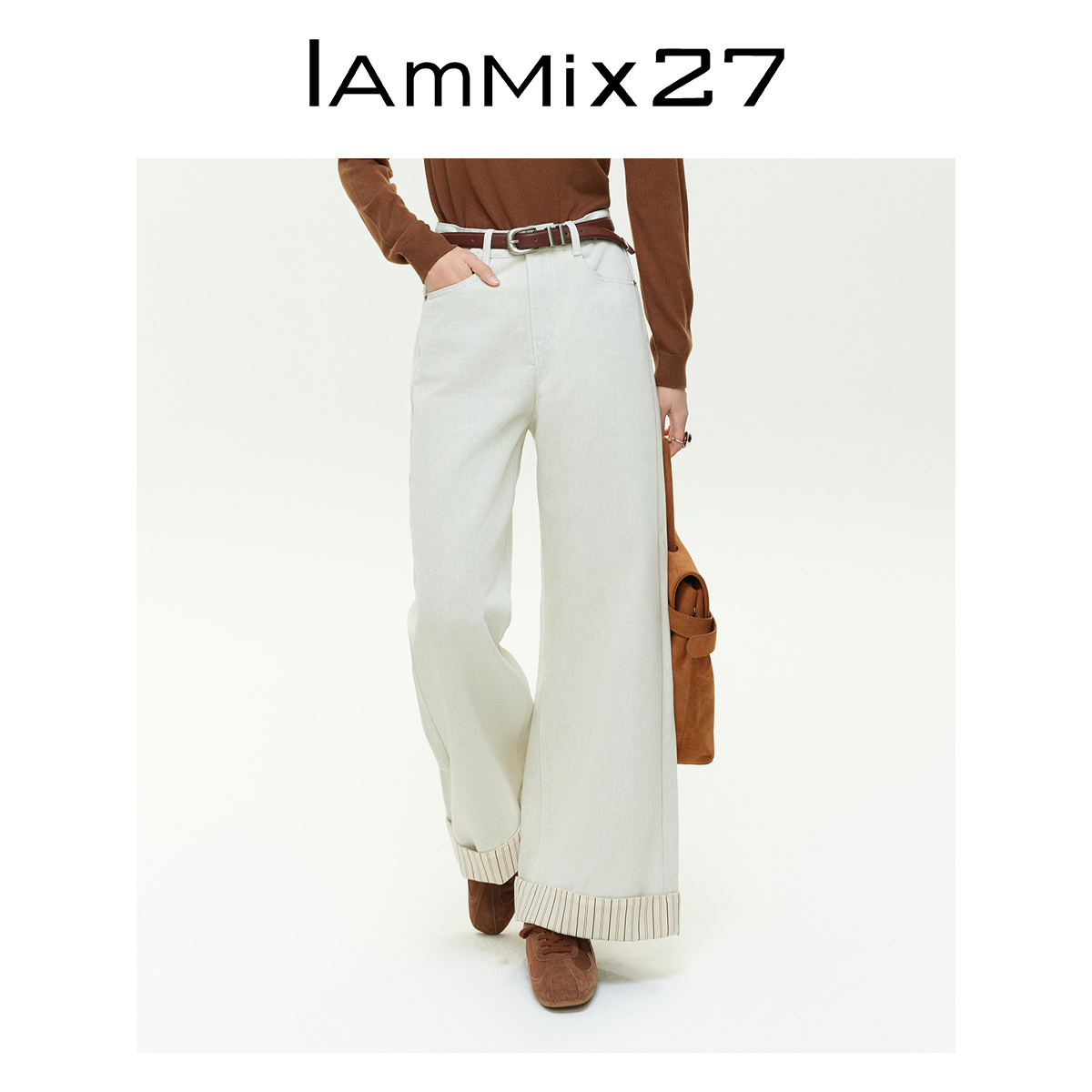 iammix27白色卷边宽松牛仔裤女
