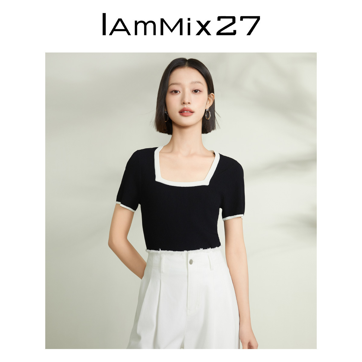 IAmMIX27夏季套头方领针织衫女短款显瘦简约时尚短袖套头衫女上衣
