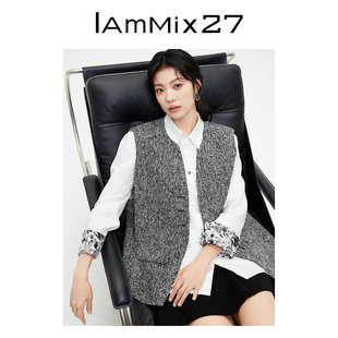 IAmMIX27粗花呢马甲外套女宽松显瘦简约休闲单排扣叠穿毛呢马夹女