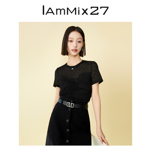 小衫 显瘦短袖 女 女百搭减龄蝴蝶结修身 IAmMIX27黑色圆领套头蕾丝衫