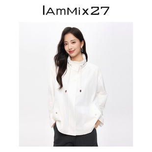 IAmMIX27休闲翻领外套女新款宽松百搭白色可隐藏连帽简约长袖上衣