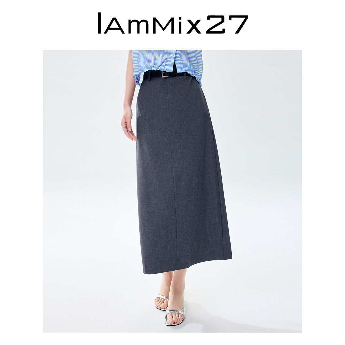 IAmMIX27春夏直筒西装裙女高腰修身简约职业通勤后开衩半身裙长裙