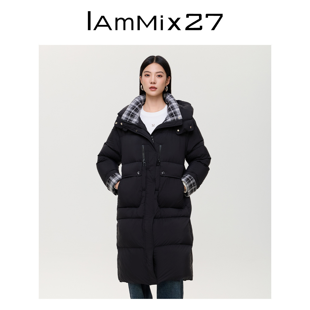 iammix27冬季连帽中长款羽绒服