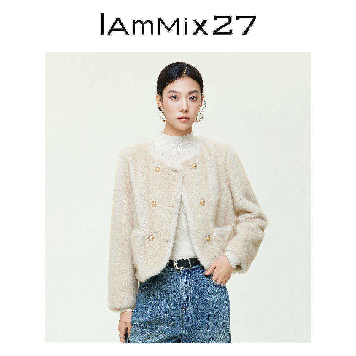 iammix27轻奢仿兔毛圆领外套