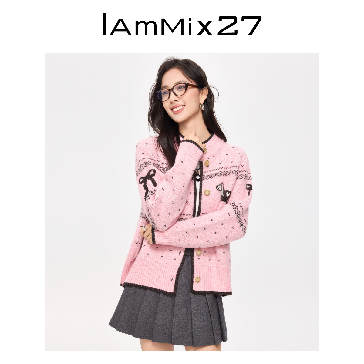 iammix27绵羊毛提花圆领开衫