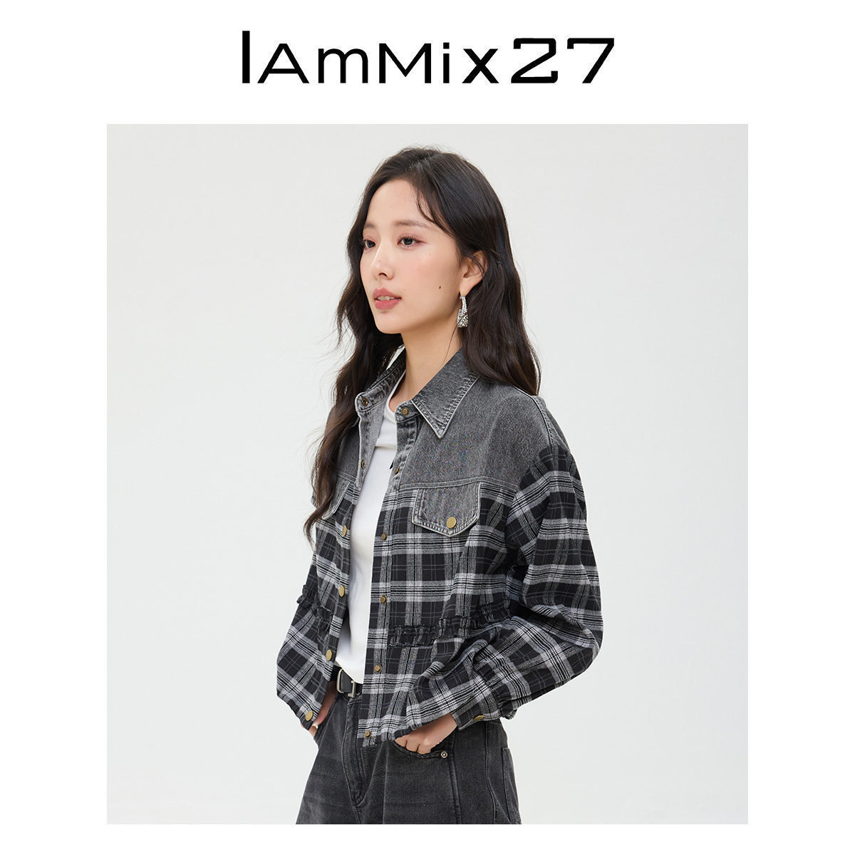 IAmMIX27春季牛仔外套女宽松短款复古格子休闲百搭翻领夹克女上衣