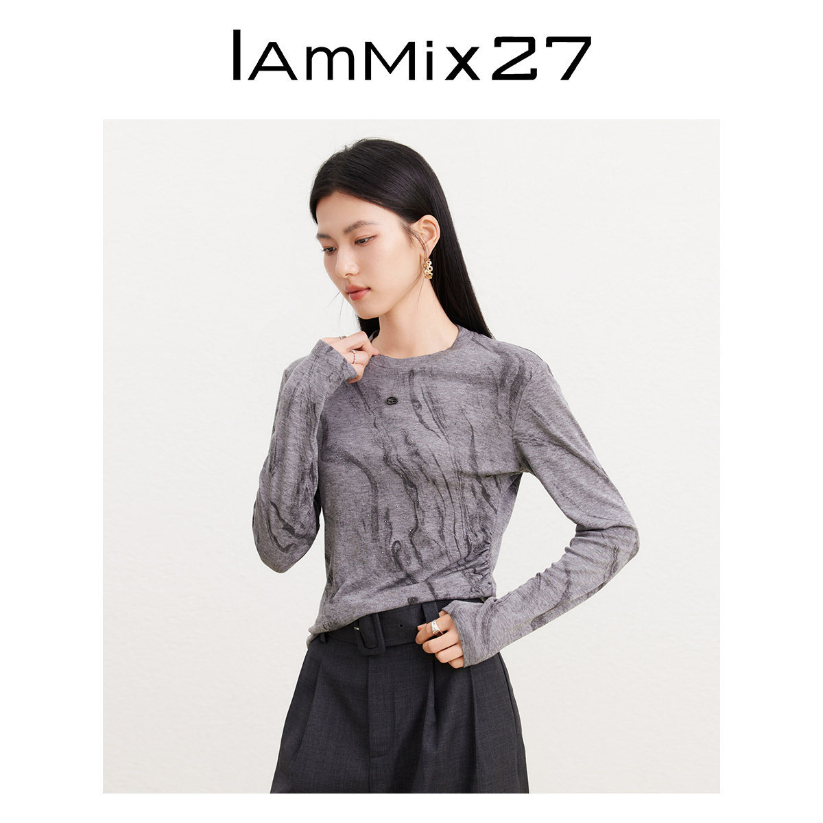 IAmMIX27春秋套头针织衫女长袖修身显瘦莱赛尔羊毛混纺圆领打底衫