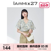 IAmMIX27夏季短袖V领雪纺衫女宽松薄款法式荷叶边套头碎花上衣女