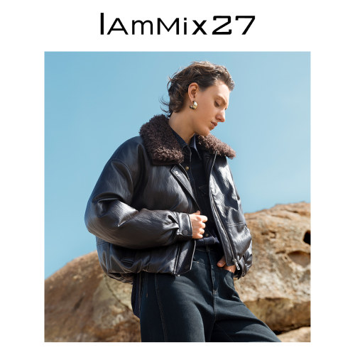iammix27冬季复古PU皮毛领羽绒服