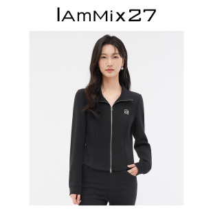 显瘦撞色刺绣简约百搭双拉链外套 IAmMIX27黑色翻领针织外套女修身