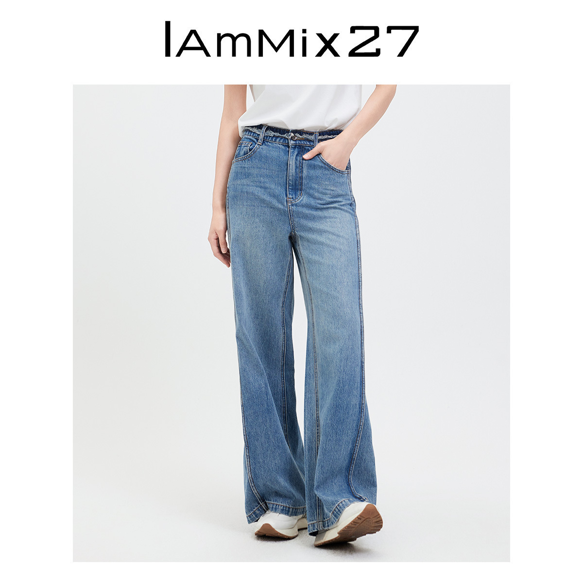 iammix27毛边高腰牛仔阔腿裤