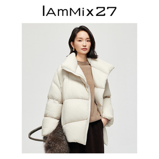 大翻领羽绒服女宽松加厚小众斜门襟保暖白鸭绒外套女 IAmMIX27冬季