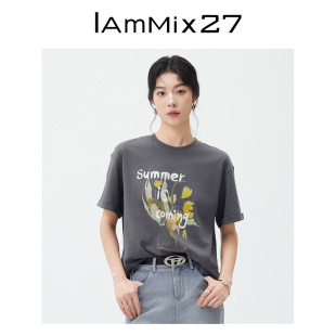 IAmMIX27夏季 休闲百搭全棉圆领上衣 圆领T恤女短袖 宽松大廓形时尚