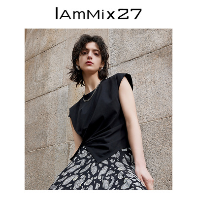 iammix27夏季斜下摆短款无袖T恤