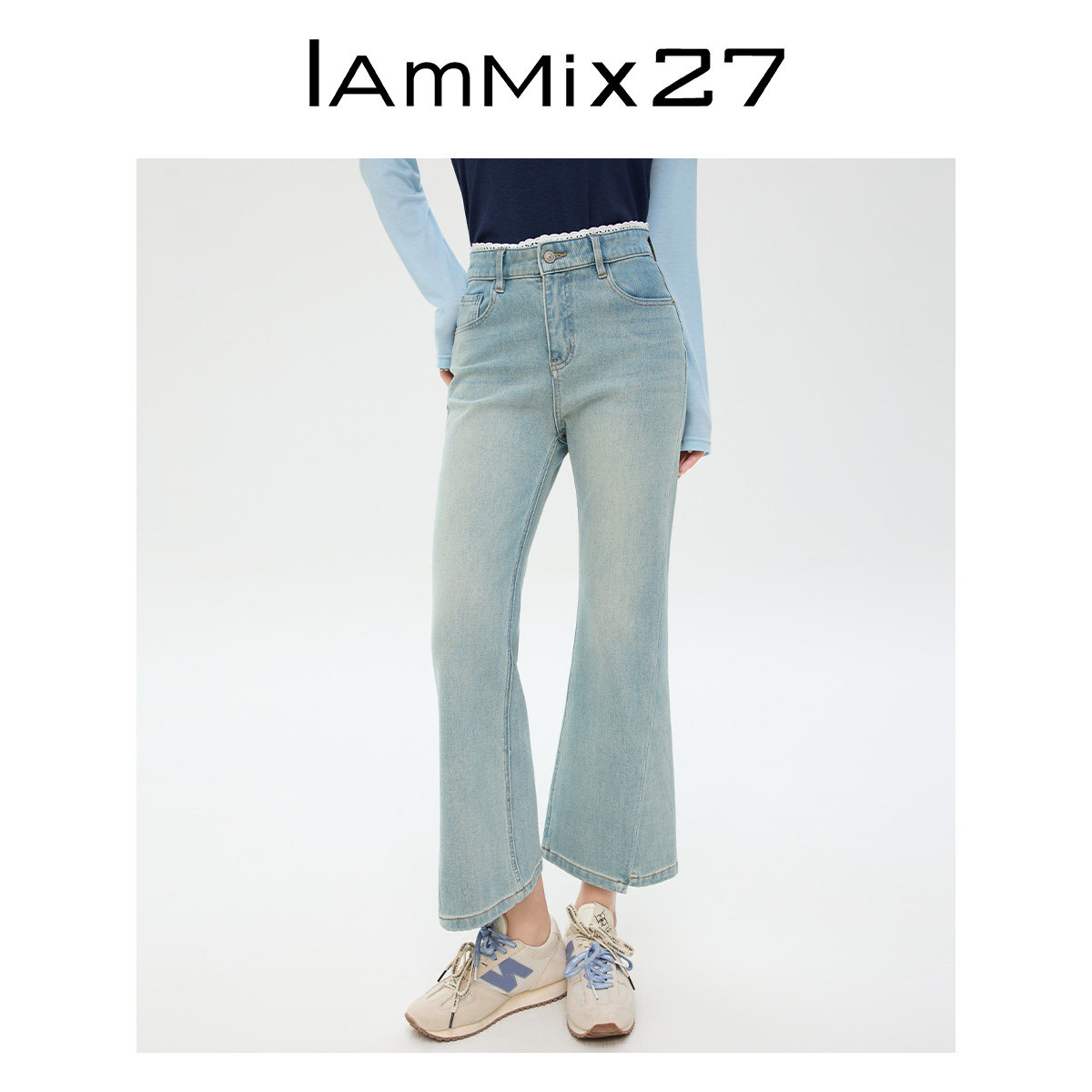 IAmMIX27夏季高腰微喇牛仔女修身显瘦复古休闲水洗简约百搭九分裤