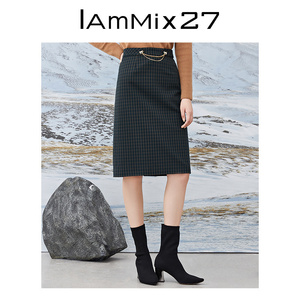 IAmMIX27冬季半身裙女复古格纹高腰修身显瘦百搭中长款A字裙子女