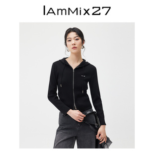 IAmMIX27春秋连帽开衫 女短款 显瘦运动休闲莱赛尔双拉链黑色针织衫