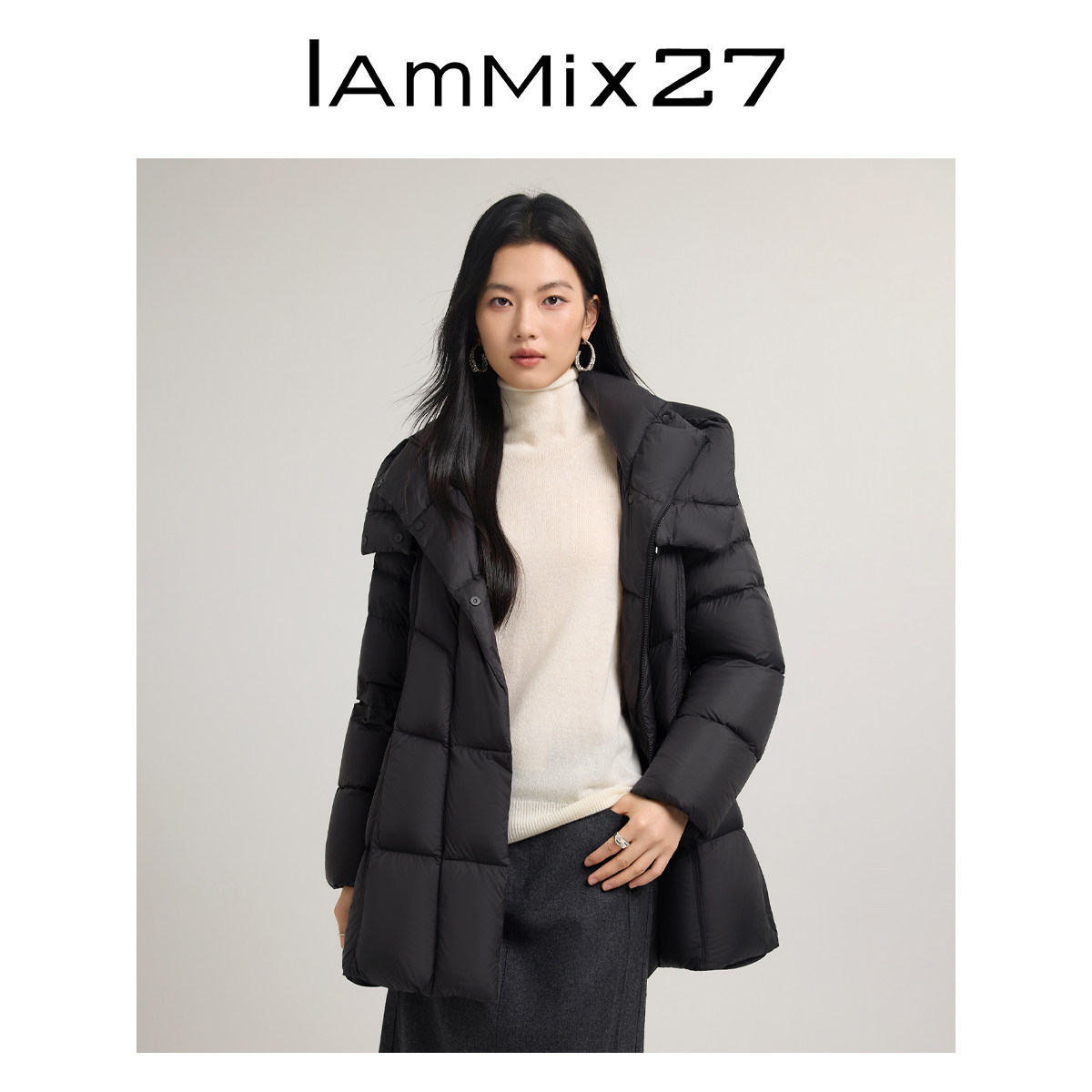 IAmMIX27冬季轻暖蓬松95白鸭绒外套女纯色百搭可拆卸连帽羽绒服女