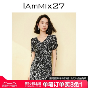 复古田园风小碎花雪纺裙女 IAmMIX27夏季 v领连衣裙女高腰显瘦法式