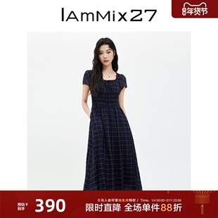 IAmMIX27夏季方领连衣裙女短袖高腰显瘦简约复古学院风格子长裙女