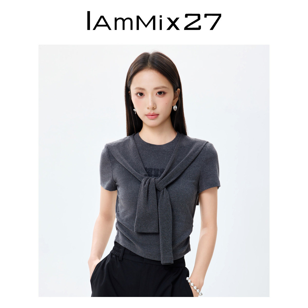 IAmMIX27灰色套头针织衫女短款修身时尚百搭含披肩圆领T恤女短袖