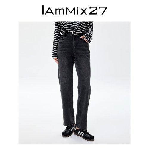 iammix27复古黑色高腰直筒牛仔裤