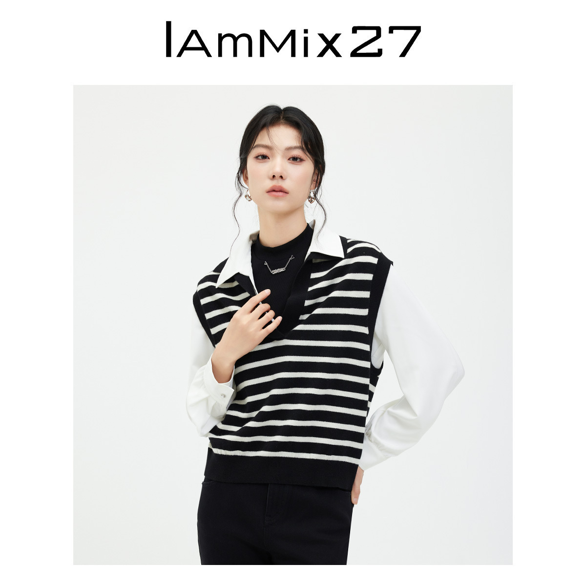 iammix27黑白条纹POLO领针织上衣