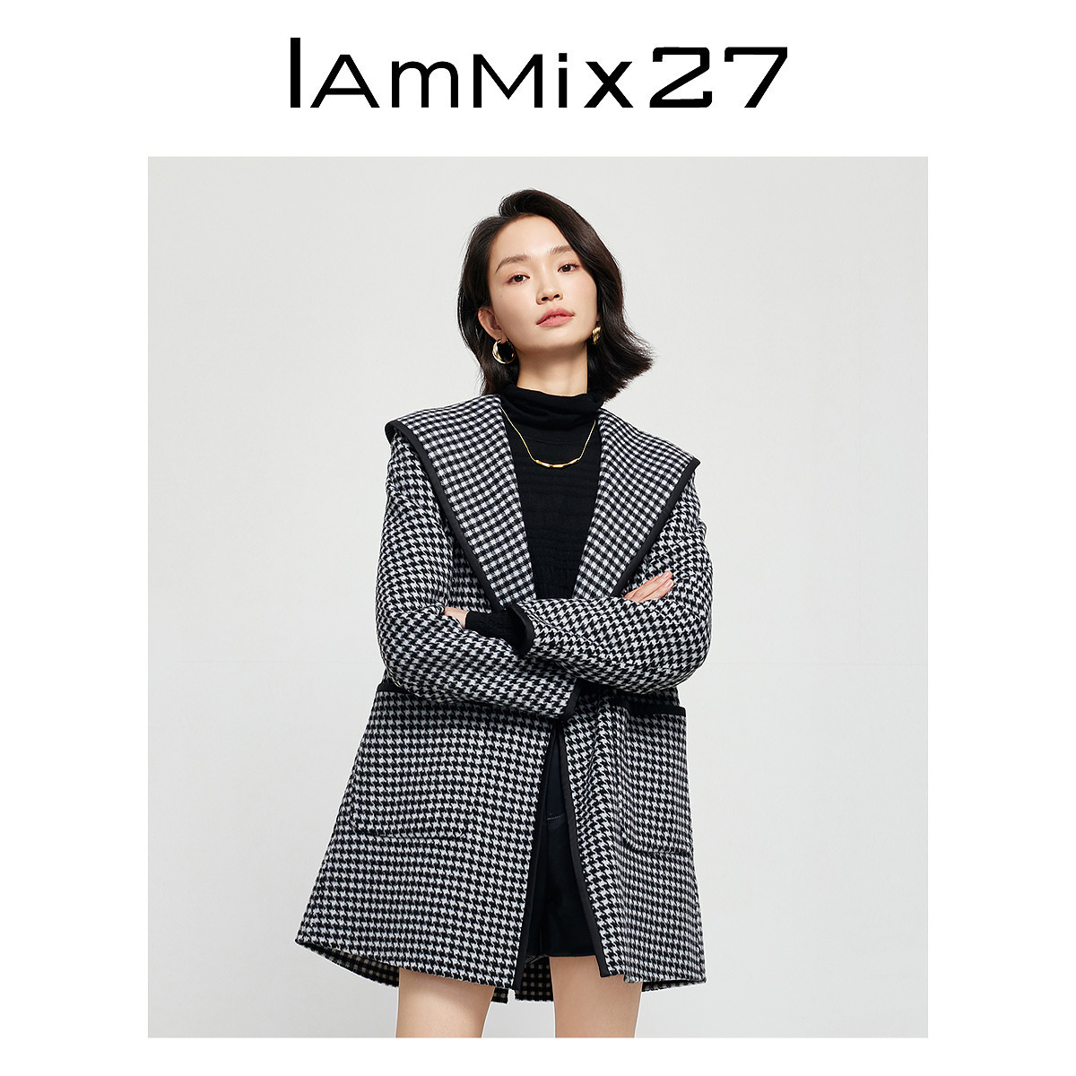 IAmMIX27冬季千鸟格毛呢大衣女加厚收腰复古大翻领羊毛双面呢外套