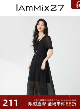 IAmMIX27黑色V领连衣裙女短袖薄款微透显瘦莱赛尔网纱裙女中长裙