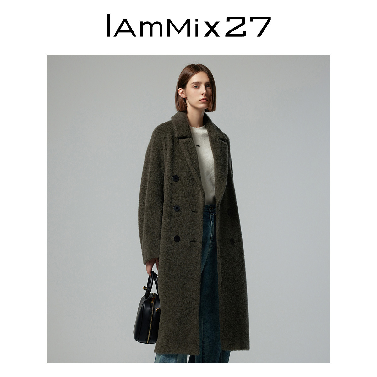 iammix27西装领双排扣毛绒大衣